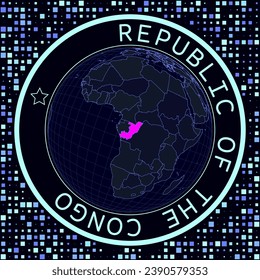 Congo on globe vector. Futuristic satelite view of the world centered to Congo. Geographical illustration with shape of country and squares background. Bright neon colors on dark background.