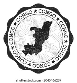 Congo outdoor stamp. Round sticker with map of country with topographic isolines. Vector illustration. Can be used as insignia, logotype, label, sticker or badge of the Congo.