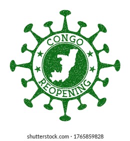 Congo Reopening Stamp. Green round badge of country with map of Congo. Country opening after lockdown. Vector illustration.