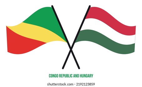 Congo Republic and Hungary Flags Crossed And Waving Flat Style. Official Proportion. Correct Colors.