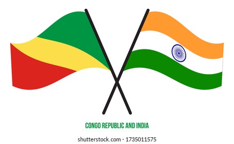 Kongo Republik und Indien Flaggen überquerten und schwingen flach Stil. Offizieller Anteil. Korrigieren Sie die Farben.