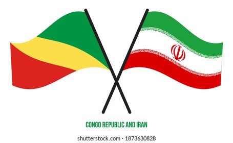 Congo Republic and Iran Flags Crossed And Waving Flat Style. Official Proportion. Correct Colors.
