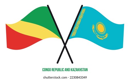 Congo Republic and Kazakhstan Flags Crossed And Waving Flat Style. Official Proportion. Correct Colors.
