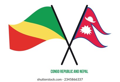 Congo Republic and Nepal Flags Crossed And Waving Flat Style. Official Proportion. Correct Colors.
