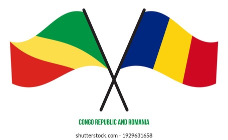 Banderas de la República del Congo y Rumania Cruzadas y ondeando estilo plano. Proporción oficial. Colores correctos.