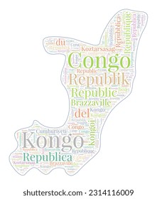 Congo shape filled with country name in many languages. Congo map in wordcloud style. Classy vector illustration.
