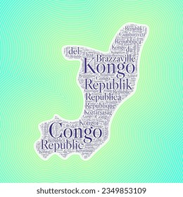 Congo shape formed by country name in multiple languages. Congo border on stylish striped gradient background. Vibrant poster. Cool vector illustration.