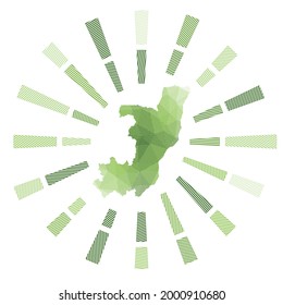 Congo sunburst. Low poly striped rays and map of the country. Stylish vector illustration.