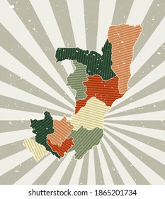 Congo vintage map. Grunge poster with map of the country in retro color palette. Shape of Congo with sunburst rays background. Vector illustration.