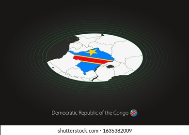 Congo-Kinshasa map in dark color, oval map with neighboring countries. Vector map and flag of DR Congo