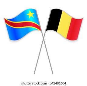 Congolese and Belgian crossed flags. Democratic Republic of the Congo combined with Belgium isolated on white. Language learning, international business or travel concept.