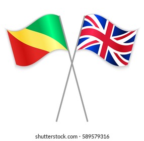 Congolese and British crossed flags. Republic of the Congo combined with United Kingdom isolated on white. Language learning, international business or travel concept.