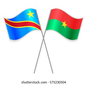 Congolese and Burkinabe crossed flags. Democratic Republic of the Congo combined with Burkina Faso isolated on white. Language learning, international business or travel concept.