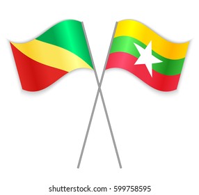 Congolese and Burmese crossed flags. Republic of the Congo combined with Myanmar isolated on white. Language learning, international business or travel concept.