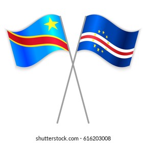 Congolese and Cabo Verdean crossed flags. Democratic Republic of the Congo combined with Cabo Verde isolated on white. Language learning, international business or travel concept.
