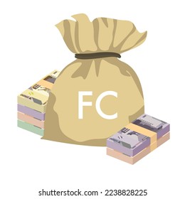 Congolese Franc Vector Illustration. Congo money set bundle banknotes. Money bag 1000, 5000, 10000, 20000 CDF. Flat style. Isolated on white background. Simple minimal design.