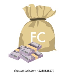 Congolese Franc Vector Illustration. Congo money set bundle banknotes. Money bag 10000 CDF. Flat style. Isolated on white background. Simple minimal design.