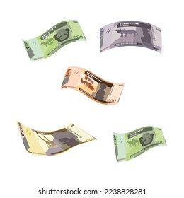 Congolese Franc Vector Illustration. Congo money set bundle banknotes. Falling, flying money 1000, 5000, 10000, 20000 CDF. Flat style. Isolated on white background. Simple minimal design.