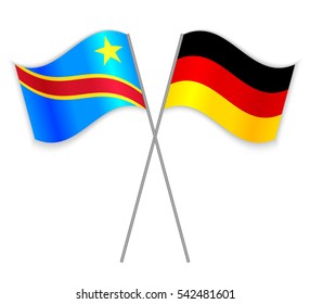 Congolese and German crossed flags. Democratic Republic of the Congo combined with Germany isolated on white. Language learning, international business or travel concept.