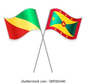 Congolese and Grenadian crossed flags. Republic of the Congo combined with Grenada isolated on white. Language learning, international business or travel concept.