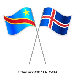 Congolese and Icelandic crossed flags. Democratic Republic of the Congo combined with Iceland isolated on white. Language learning, international business or travel concept.