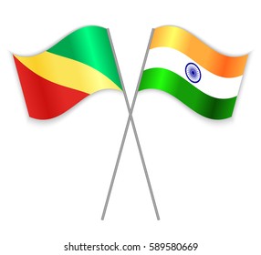 Congolese and Indian crossed flags. Republic of the Congo combined with India isolated on white. Language learning, international business or travel concept.