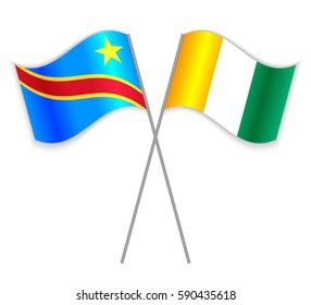Congolese and Ivorian crossed flags. Democratic Republic of the Congo combined with Ivory Coast isolated on white. Language learning, international business or travel concept.