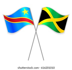 Congolese and Jamaican crossed flags. Democratic Republic of the Congo combined with Jamaica isolated on white. Language learning, international business or travel concept.