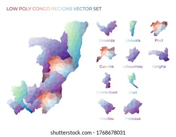 Regiones congoleñas de bajo poder. Mapa poligonal del Congo con regiones. Mapas geométricos para su diseño. Ilustración vectorial radiante.