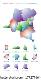 Congolese low poly regions. Polygonal map of DR Congo with regions. Geometric maps for your design. Powerful vector illustration.