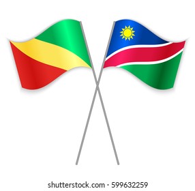 Congolese and Namibian crossed flags. Republic of the Congo combined with Namibia isolated on white. Language learning, international business or travel concept.
