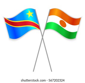 Congolese and Nigerien crossed flags. Democratic Republic of the Congo combined with Niger isolated on white. Language learning, international business or travel concept.