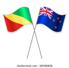 Congolese and NZ crossed flags. Republic of the Congo combined with New Zealand isolated on white. Language learning, international business or travel concept.