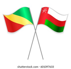 Congolese and Omani crossed flags. Republic of the Congo combined with Oman isolated on white. Language learning, international business or travel concept.