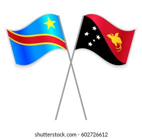 Congolese and Papuan crossed flags. Democratic Republic of the Congo combined with Papua New Guinea isolated on white. Language learning, international business or travel concept.