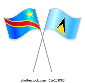 Congolese and Saint Lucian crossed flags. Democratic Republic of the Congo combined with Saint Lucia isolated on white. Language learning, international business or travel concept.