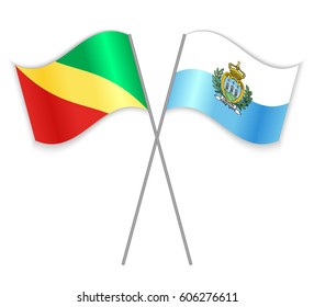 Congolese and Sammarinese crossed flags. Republic of the Congo combined with San Marino isolated on white. Language learning, international business or travel concept.