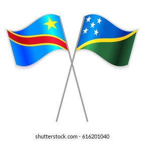Congolese and Solomon Island crossed flags. Democratic Republic of the Congo combined with Solomon Islands isolated on white. Language learning, international business or travel concept.