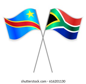 Congolese and South African crossed flags. Democratic Republic of the Congo combined with South Africa isolated on white. Language learning, international business or travel concept.