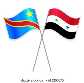 Congolese and Syrian crossed flags. Democratic Republic of the Congo combined with Syria isolated on white. Language learning, international business or travel concept.