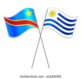 Congolese and Uruguayan crossed flags. Democratic Republic of the Congo combined with Uruguay isolated on white. Language learning, international business or travel concept.