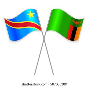 Congolese and Zambian crossed flags. Democratic Republic of the Congo combined with Zambia isolated on white. Language learning, international business or travel concept.