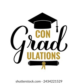 ConGRADutations lettering with graduation hat isolated on white. Congratulations to graduates typography poster.  Vector template for greeting card, banner, sticker, label, shirt, etc