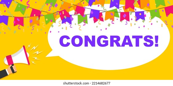 Congrats banner. Congratulation with colored bunting flags, confetti and megaphone. Greeting card for congrats. Vector Illustration.