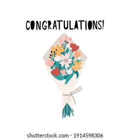 Banner de felicitaciones o plantilla de tarjetas de felicitación con ramo de flores y letras. Ramo plano de doodled para tarjeta de saludo, afiche, imprenta, invitación, etc. Enhorabuena ilustración vectorial floral