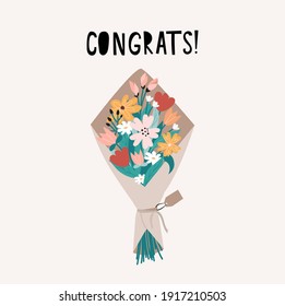 Banner de felicitaciones o plantilla de tarjetas de felicitación con ramo de flores y letras. Ramo plano de doodled para tarjeta de saludo, afiche, imprenta, invitación, etc. Enhorabuena ilustración vectorial floral