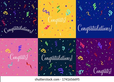 Congrats banner set. Congratulations of winner with confetti in bright different background. Flat vector illustrations for achievement, success, festive event concept, greeting card design