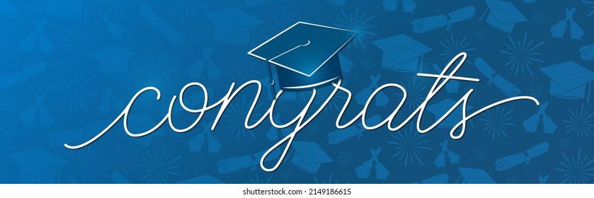 Congrats banner vector illustration. Graduations background congratulations graduates 2022 class of, white sign for the graduation party. Typography greeting, invitation with diplomas, hat, lettering.