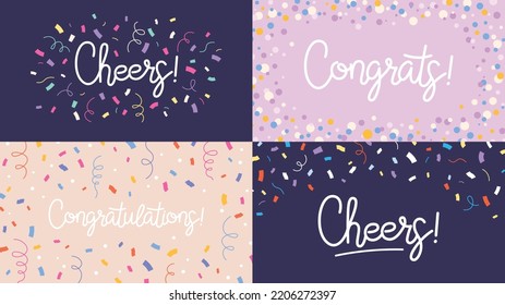 Congrats banners with confetti. Congratulation typography decorations, art party or win celebrations background. Modern congratulations racy vector cards design