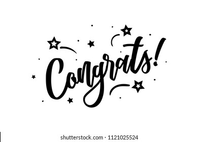 Congrats. Beautiful greeting card poster, calligraphy black text Word star fireworks. Hand drawn, design elements. Handwritten modern brush lettering on a white background isolated vector